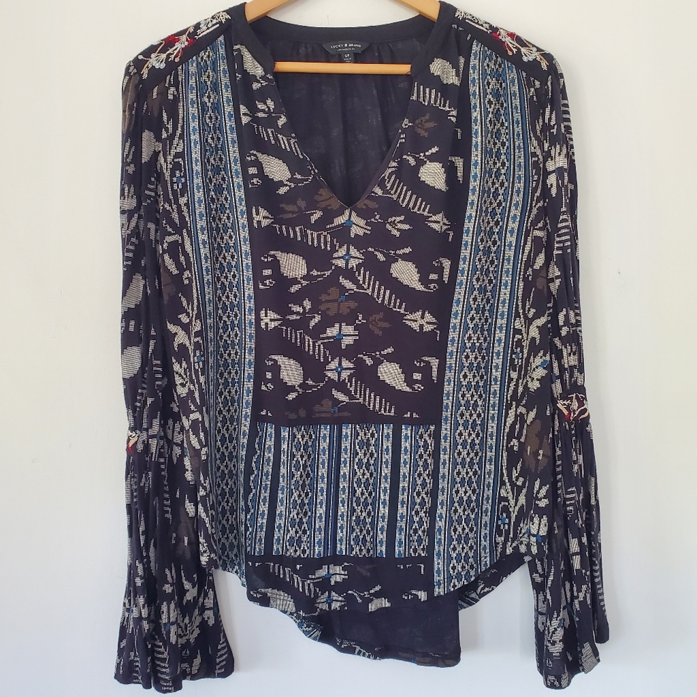 LUCKY Brand S Black Gray Blue Aztec Geo Blouse Bell Sleeve Embroidery Boho Flowy